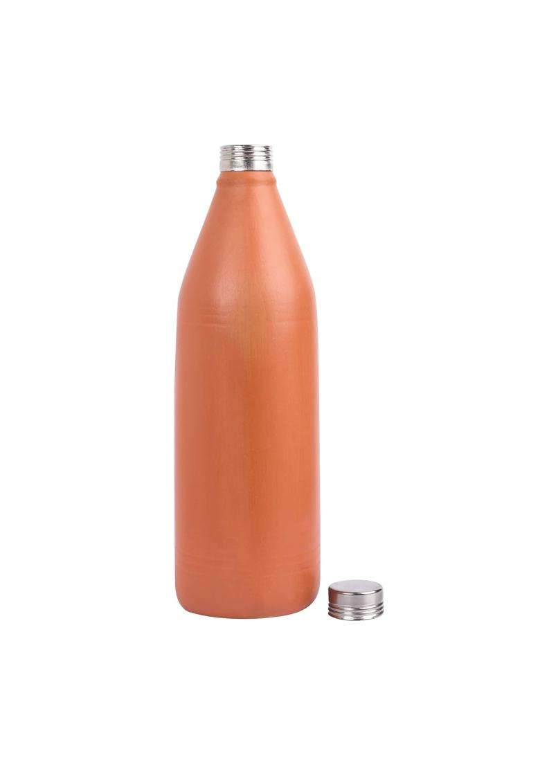 PTR Handmade Clay Water Bottle Earthenware Terracotta Mitti Ki Bottle with Steel Cap | 1 L | 1.1 Qt | Leak Proof - Indya