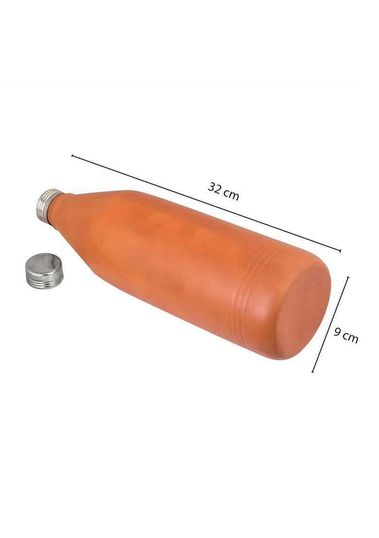 PTR Handmade Clay Water Bottle Earthenware Terracotta Mitti Ki Bottle with Steel Cap | 1 L | 1.1 Qt | Leak Proof - Indya