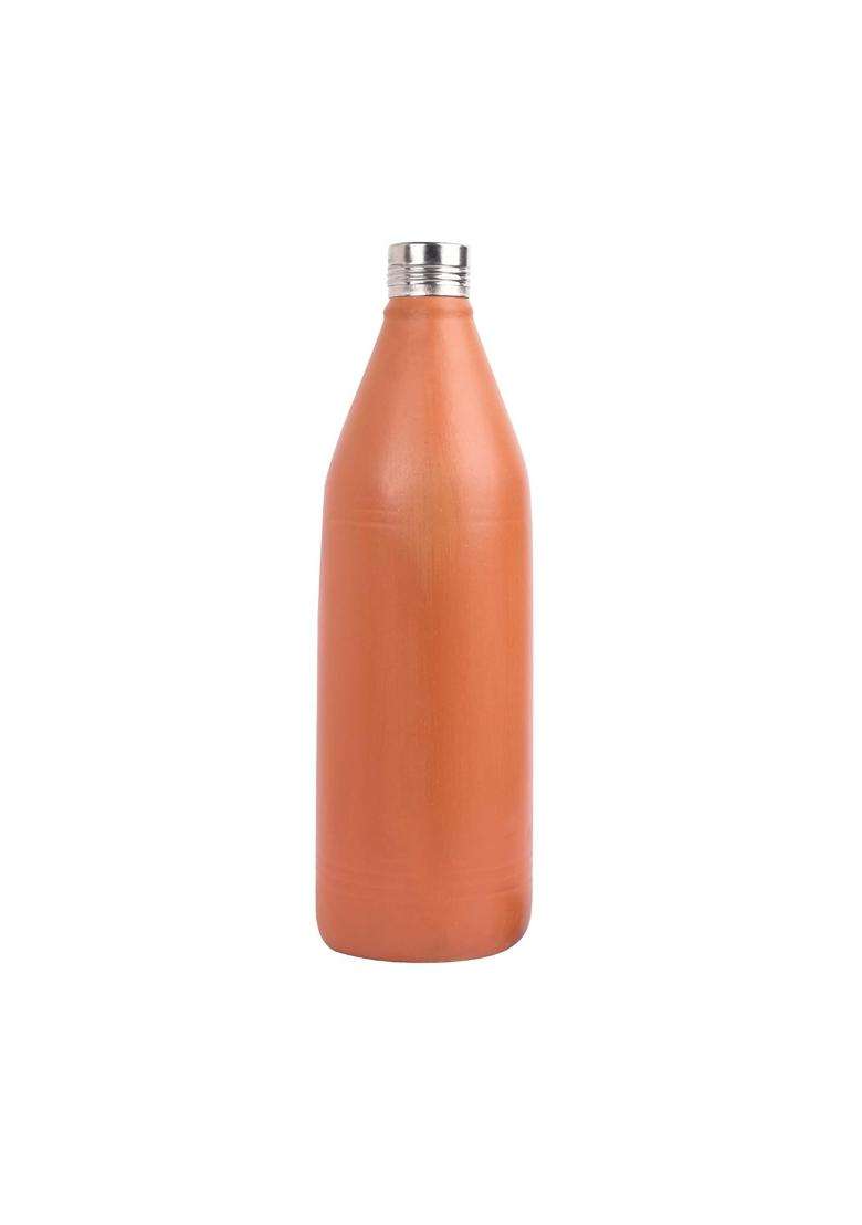 PTR Handmade Clay Water Bottle Earthenware Terracotta Mitti Ki Bottle with Steel Cap | 1 L | 1.1 Qt | Leak Proof - Indya