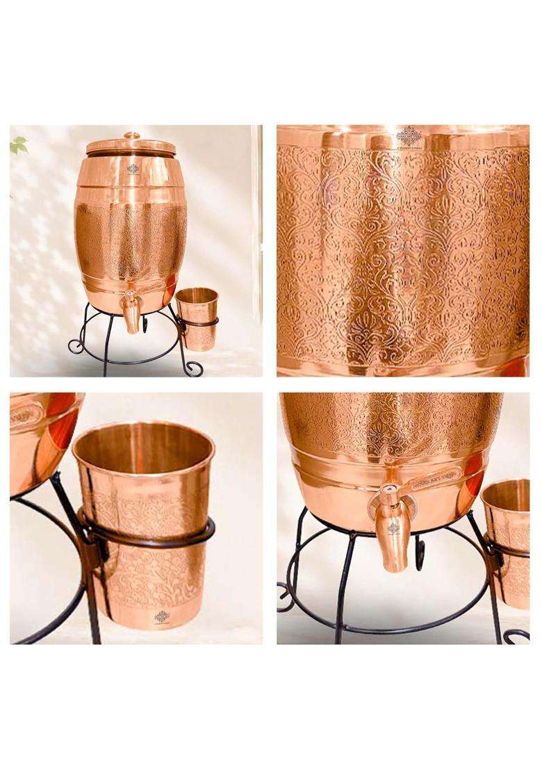 INDIAN ART VILLA Copper Water Pot with Embossed Design | 5 L | 5.3 Qt - Indya