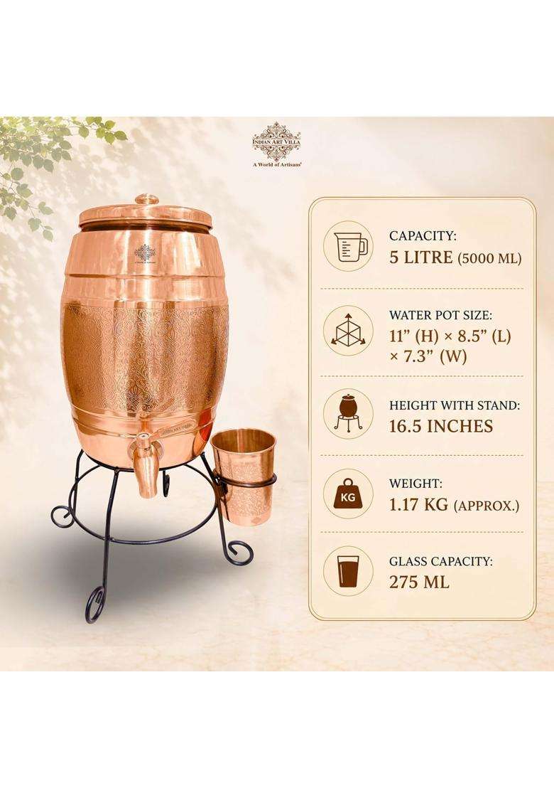 INDIAN ART VILLA Copper Water Pot with Embossed Design | 5 L | 5.3 Qt - Indya