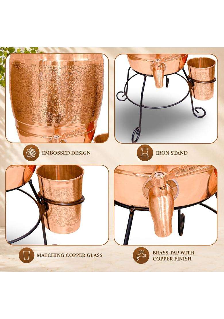 INDIAN ART VILLA Copper Water Pot with Embossed Design | 5 L | 5.3 Qt - Indya