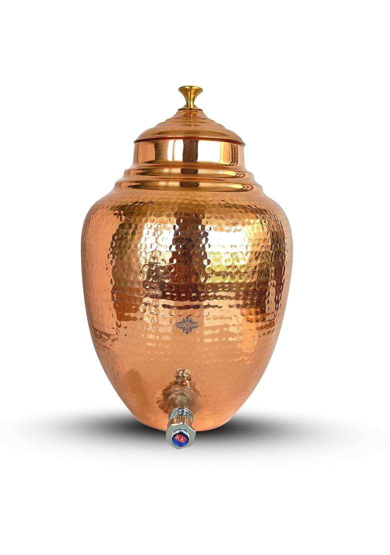 INDIAN ART VILLA Hammered Design Copper Water Dispenser Pot Matka Clay Water Pot | 5 L | 5.3 Qt - Indya