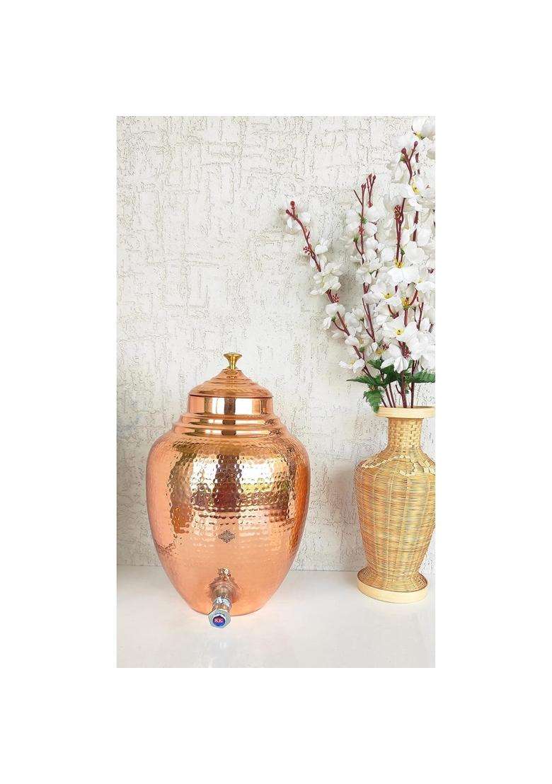 INDIAN ART VILLA Hammered Design Copper Water Dispenser Pot Matka Clay Water Pot | 5 L | 5.3 Qt - Indya
