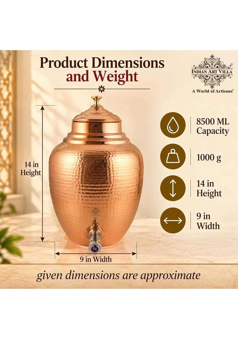 INDIAN ART VILLA Hammered Design Copper Water Dispenser Pot Matka Clay Water Pot | 5 L | 5.3 Qt - Indya