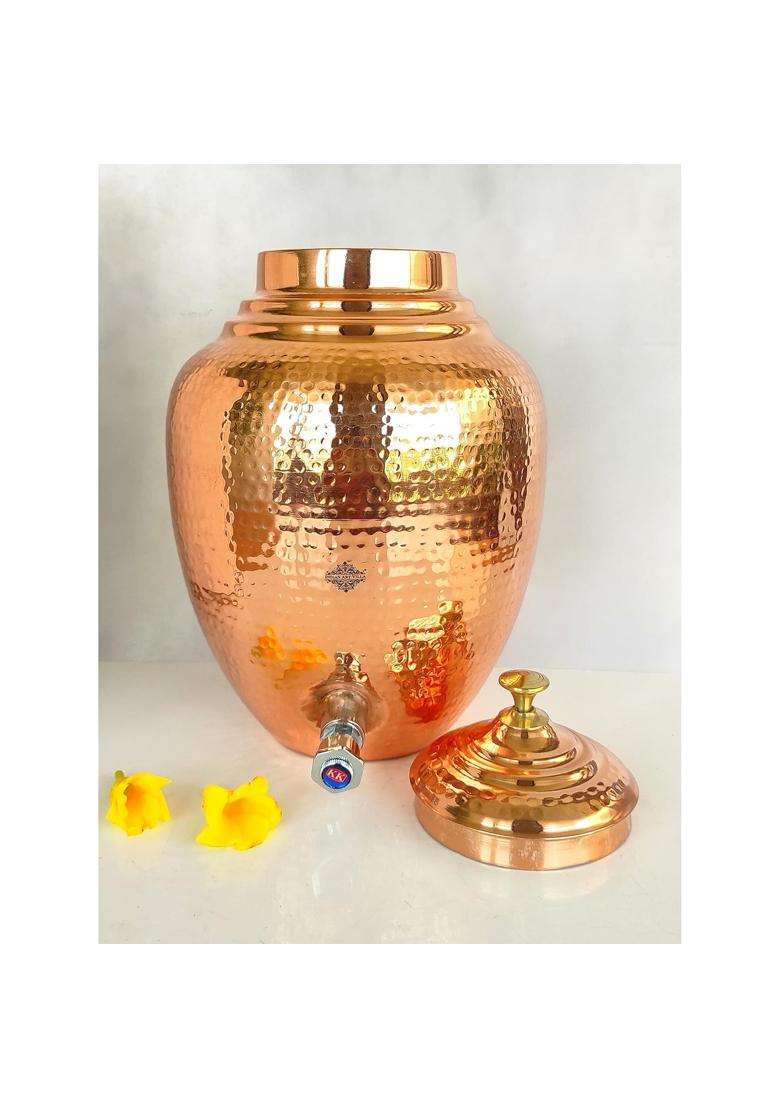 INDIAN ART VILLA Hammered Design Copper Water Dispenser Pot Matka Clay Water Pot | 5 L | 5.3 Qt - Indya