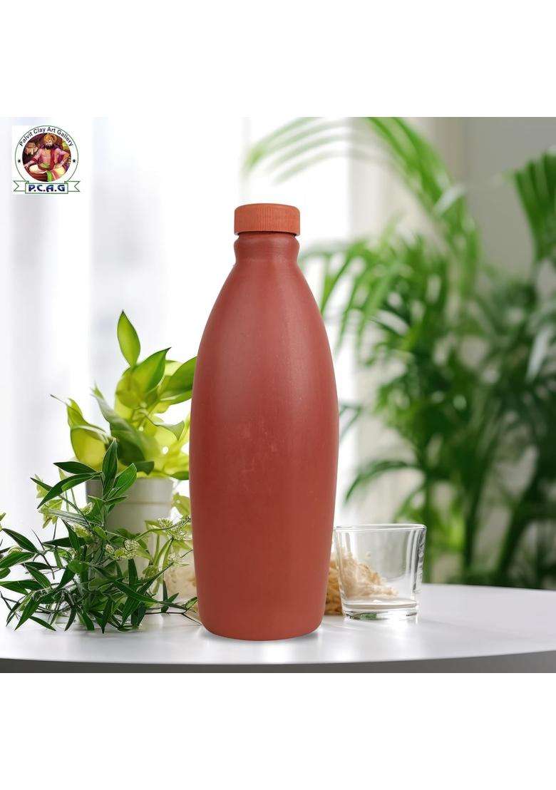 PALVIT CLAY ART GALLERY Brown Terracotta Clay Water Bottle | 1 L | 1.1 Qt | Handcrafted | Leak Proof - Indya
