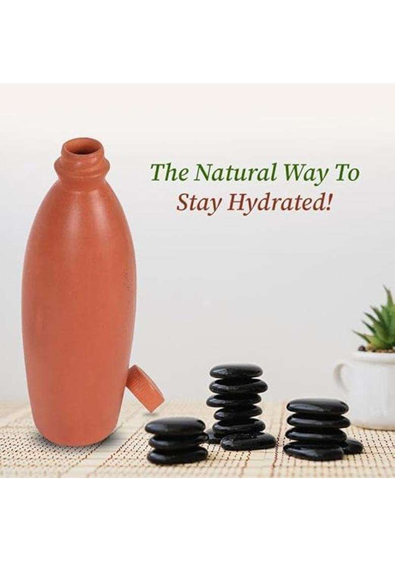 B S NATURAL Clay Water Bottle Earthen Water Cooling Drinking Storage | 1 L | 1.1 Qt | Leak Proof - Indya