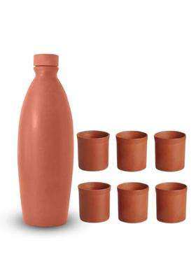 PALVIT CLAY ART GALLERY Handmade Eco-Friendly Terracotta Clay Water Bottle with Lid and Glasses | 1 L | 1.1 Qt
