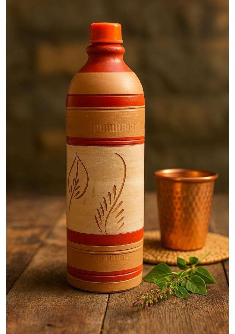 Minely Worldwide Retails Clay Water Bottle with Lid | 1000 ml | 33.8 fl oz | Handcrafted - Indya
