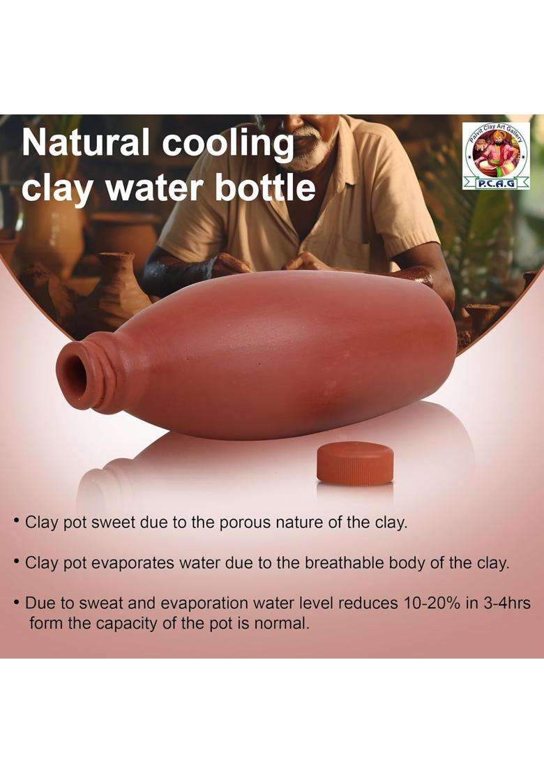 Bhanvi Eco-Friendly 100 Terracotta Clay Water Bottle with Lid | 1 L | 1.1 Qt | Handcrafted - Indya
