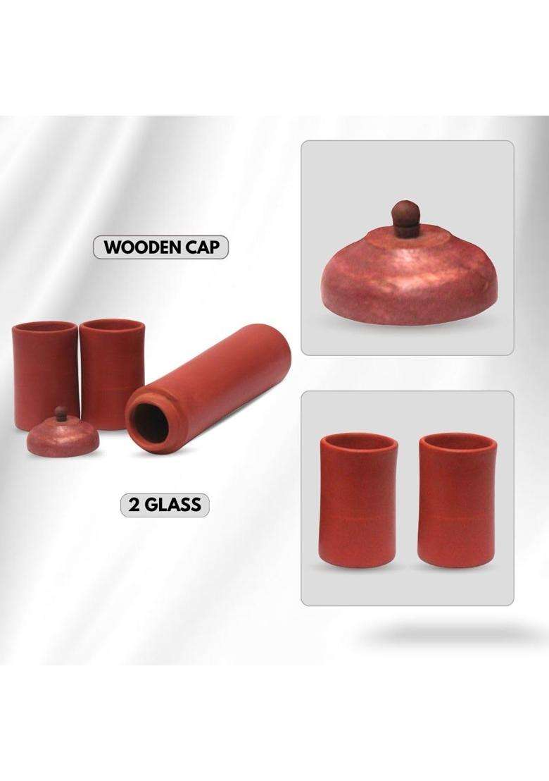 Terra Charms Handmade Terracotta Water Bottle with 2 Glasses Set | 1 L | 1.1 Qt - Indya
