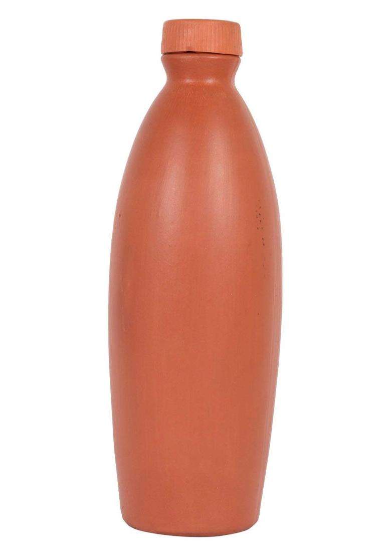 Bhanvi Handcrafted Clay Water Bottle Earthen Mitti Leak Proof Terracotta Water Bottle | 1000 ml | 33.8 fl oz | With Lid - Indya