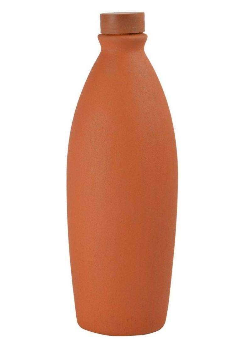 Bhanvi Handcrafted Clay Water Bottle Earthen Mitti Leak Proof Terracotta Water Bottle | 1000 ml | 33.8 fl oz | With Lid - Indya
