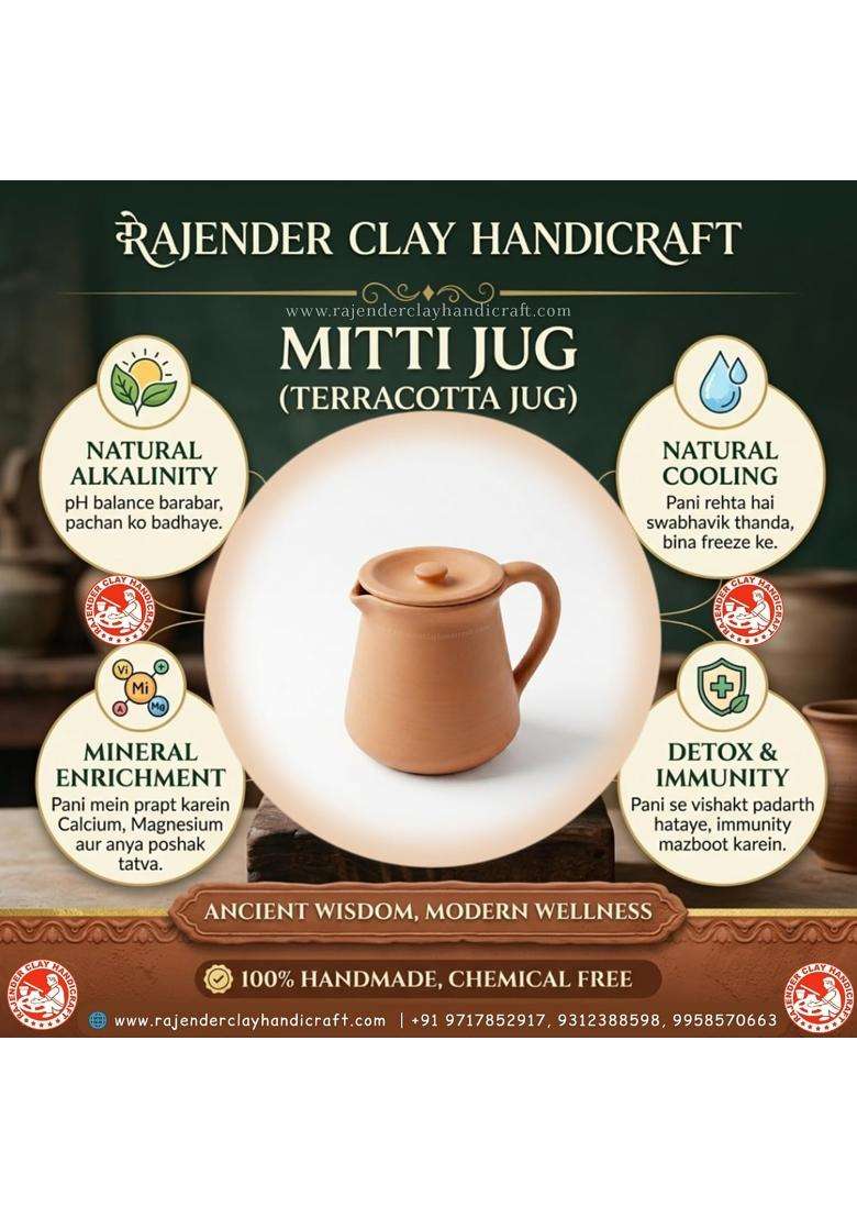 RAJENDER CLAY HANDICRAFT Premium Handmade Clay Water Jug | 1 L | 1.1 Qt - Indya