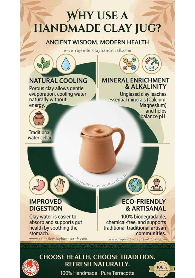 RAJENDER CLAY HANDICRAFT Premium Handmade Clay Water Jug | 1 L | 1.1 Qt - Indya