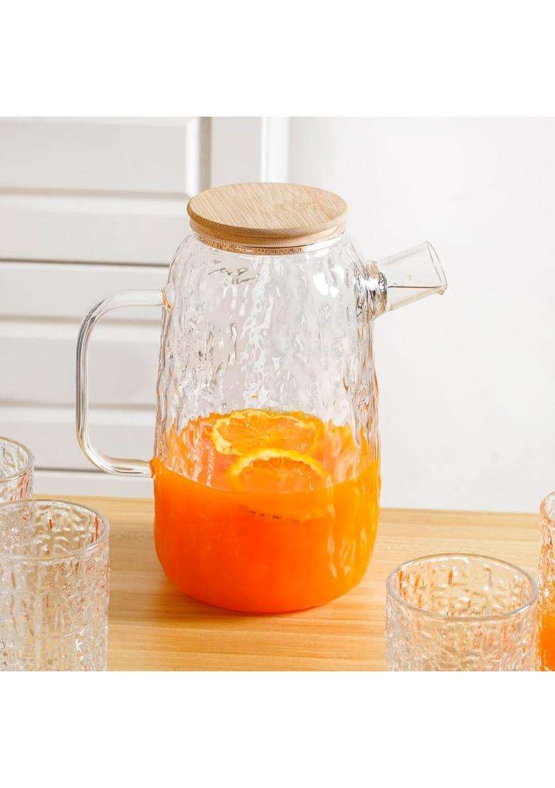 Nestasia Textured Glass Carafe with Tumblers | 300 ml | 10.1 fl oz | 6-Piece Set - Indya