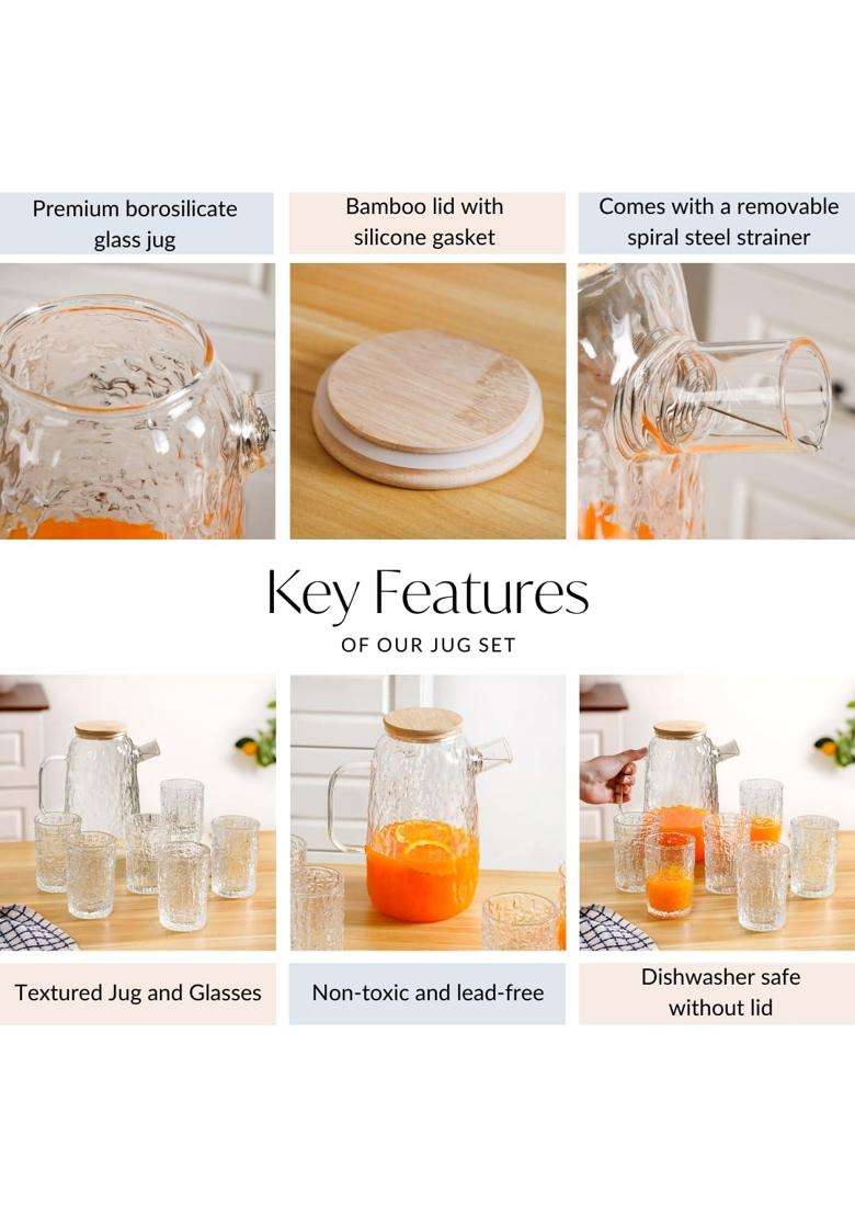 Nestasia Textured Glass Carafe with Tumblers | 300 ml | 10.1 fl oz | 6-Piece Set - Indya