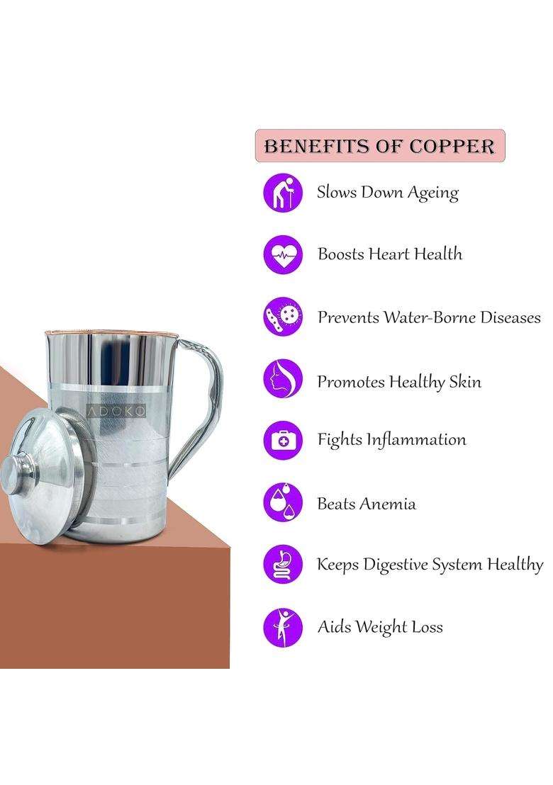 Adoko Premium Copper Lined Stainless Steel Water Jug Pitcher | 1.5 L | 1.6 Qt | Leak Proof - Indya