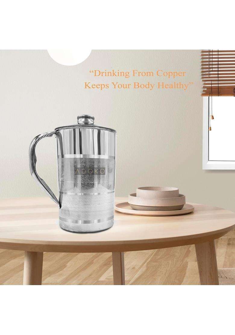 Adoko Premium Copper Lined Stainless Steel Water Jug Pitcher | 1.5 L | 1.6 Qt | Leak Proof - Indya