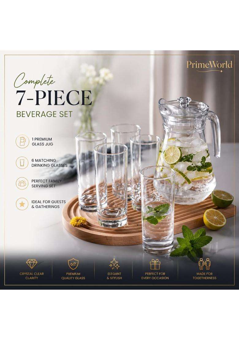 PrimeWorld Premium Set of Water Jug and Glasses Pcs and Jug Set | 1.3 L | 1.4 Qt | 6-Piece Set - Indya