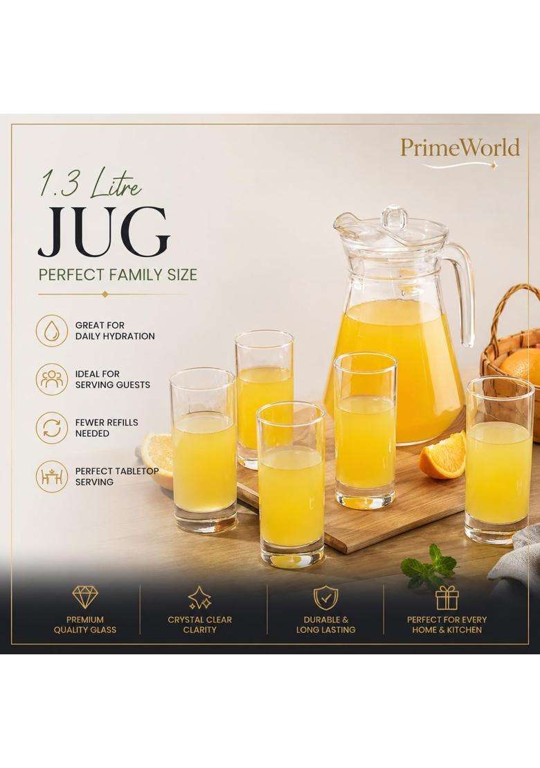 PrimeWorld Premium Set of Water Jug and Glasses Pcs and Jug Set | 1.3 L | 1.4 Qt | 6-Piece Set - Indya