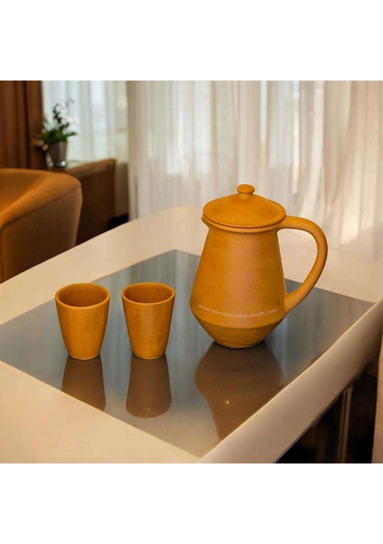 RAJENDER CLAY HANDICRAFT Handmade Mitti Clay Water Jug with 2 Glasses Each | 2 L | 2.1 Qt - Indya