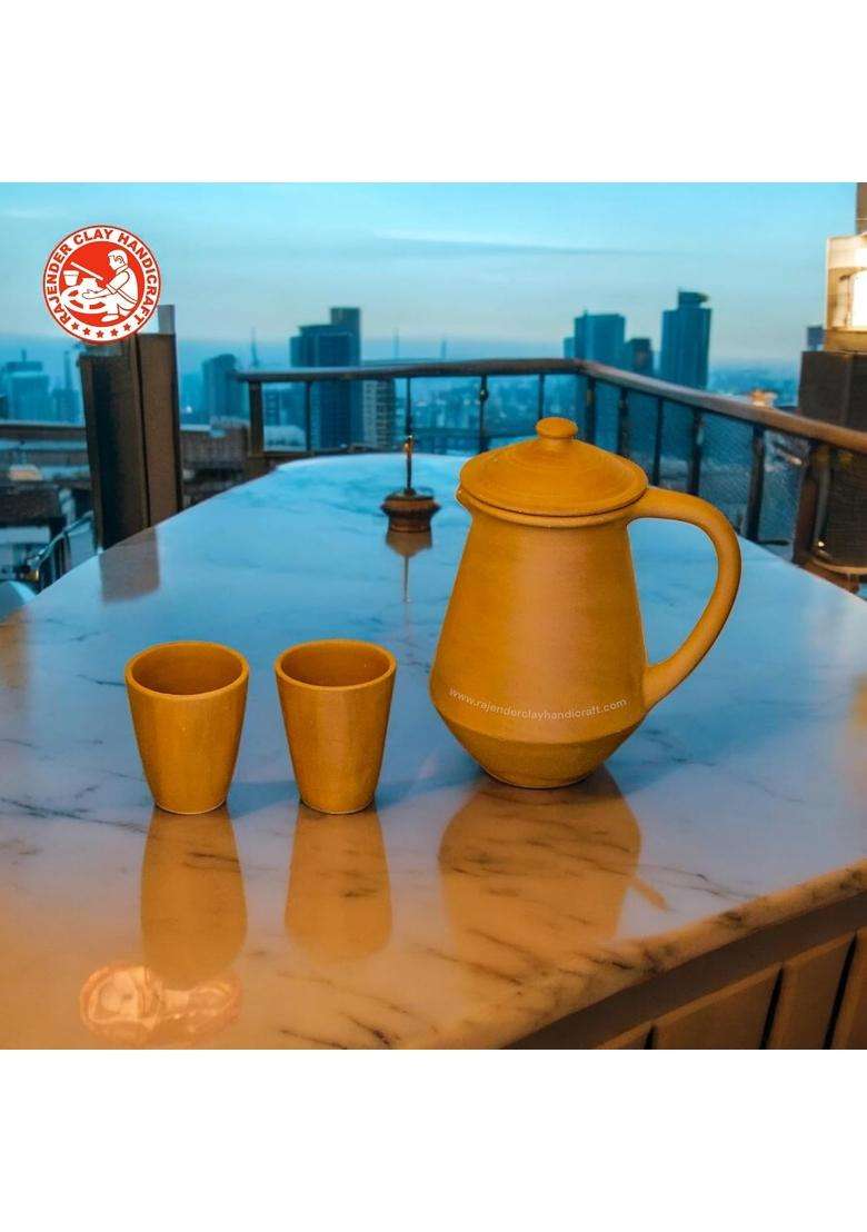 RAJENDER CLAY HANDICRAFT Handmade Mitti Clay Water Jug with 2 Glasses Each | 2 L | 2.1 Qt - Indya