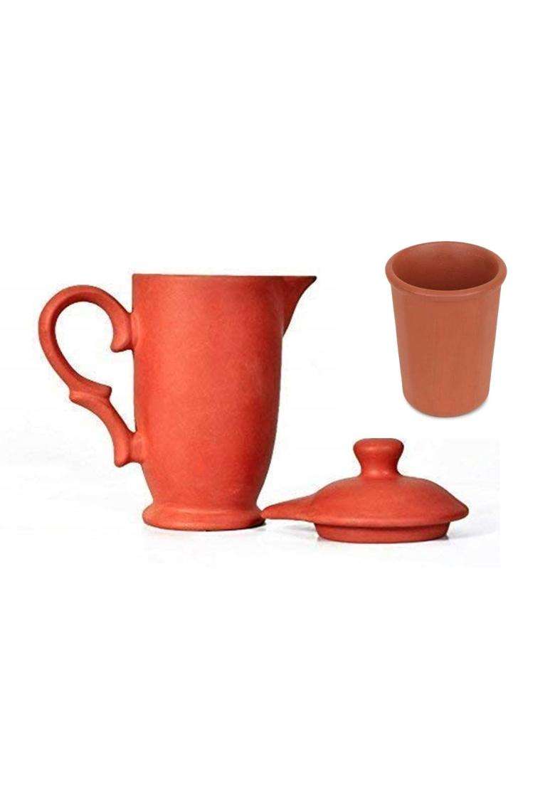 SHRIYAM CRAFTS Terracotta Earthen Clay Classic Water Jug with 1 Milk Glass | 1 L | 1.1 Qt - Indya