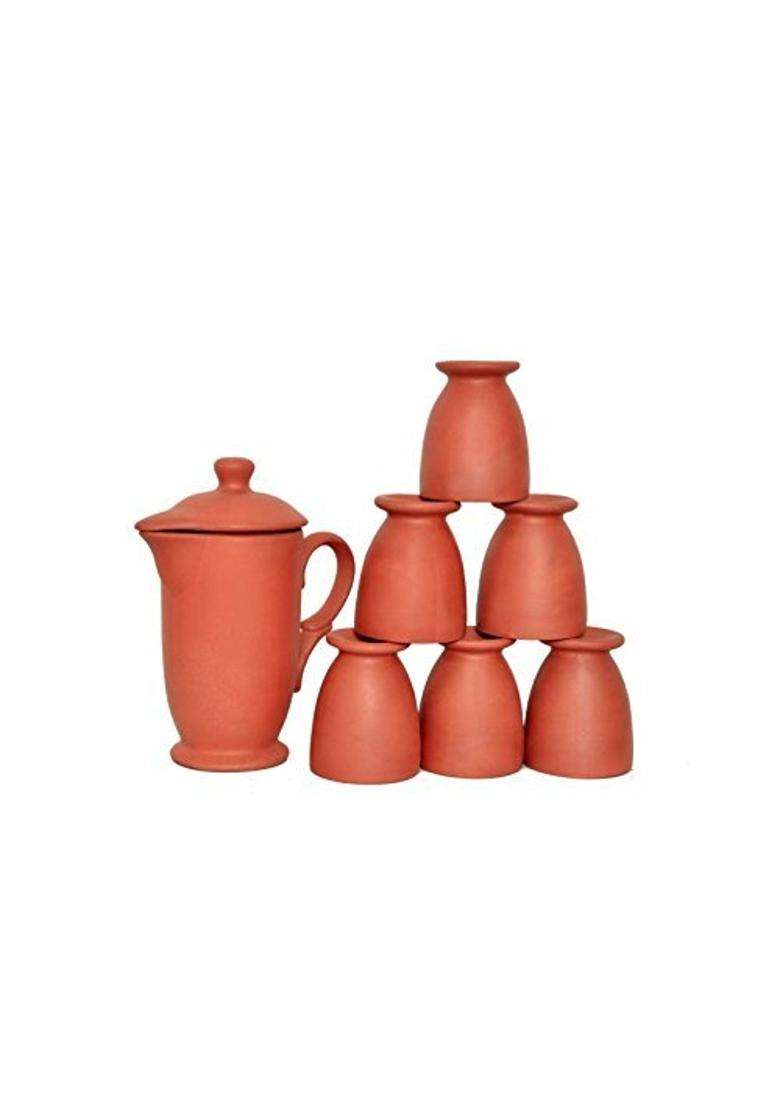 SHRIYAM CRAFTS Terracotta Earthen Clay Classic Water Jug with 6 JAM Glass | 1 L | 1.1 Qt - Indya
