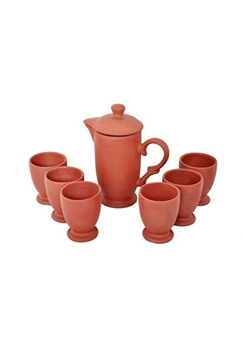 SHRIYAM CRAFTS Terracotta Earthen Clay Classic Water Jug with 6 JAM Glass | 1 L | 1.1 Qt - Indya
