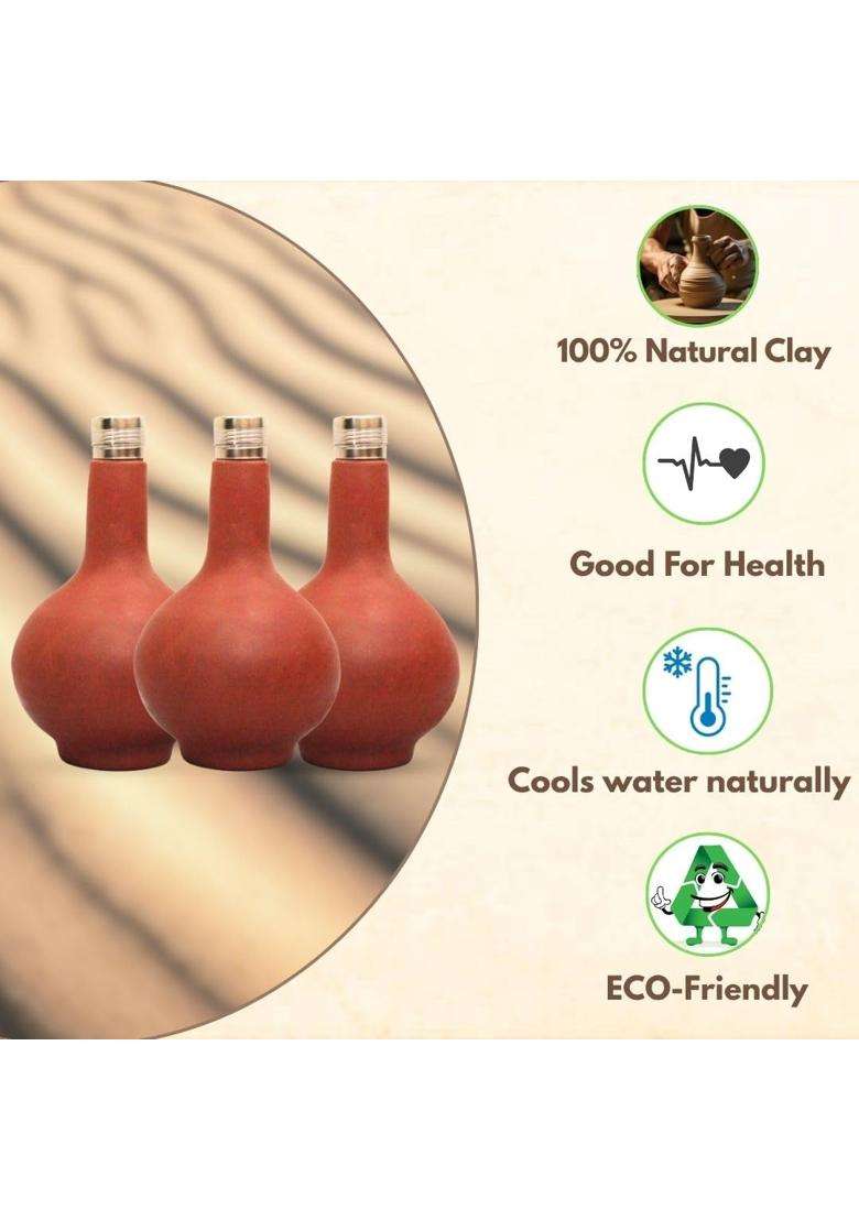 Terra Charms Clay Surahi Bottle | 1 L | 1.1 Qt | Pack of 3 | Handcrafted - Indya