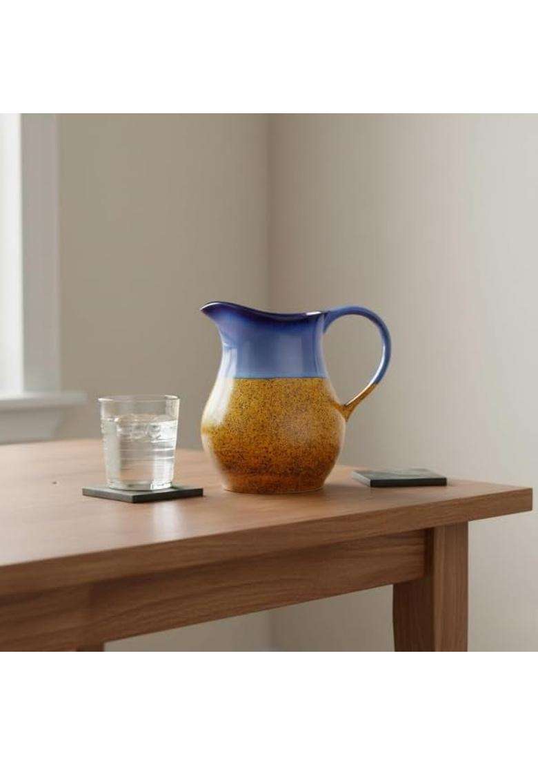 Caffeine Ceramic Stonware Handmade Stoneware Glossy Blue and Mustard Water Jug | 1800 ml | 60.9 fl oz | Dishwasher Safe | Microwave Safe - Indya