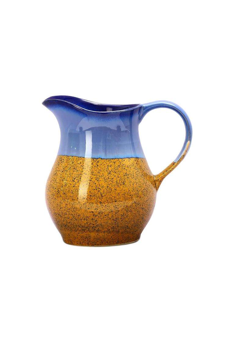 Caffeine Ceramic Stonware Handmade Stoneware Glossy Blue and Mustard Water Jug | 1800 ml | 60.9 fl oz | Dishwasher Safe | Microwave Safe - Indya