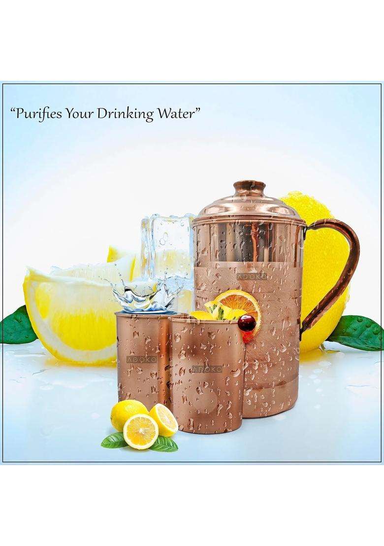 Adoko Pure Copper Water Jug with 2 Copper Glasses | 1.5 L | 1.6 Qt - Indya