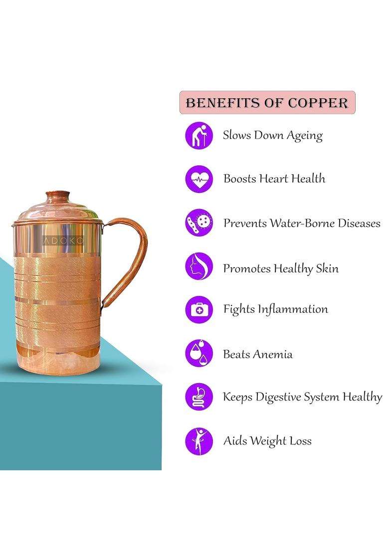 Adoko Pure Copper Water Jug with 2 Copper Glasses | 1.5 L | 1.6 Qt - Indya