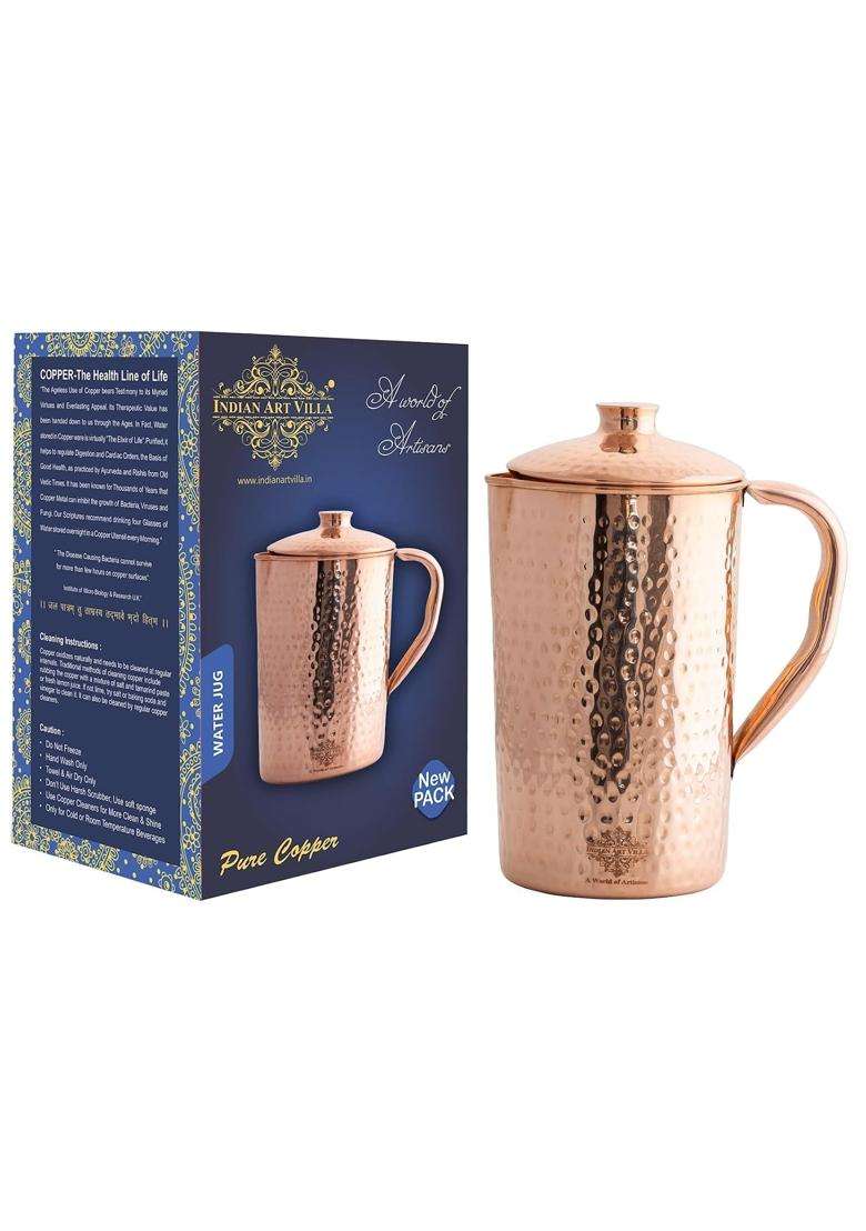INDIAN ART VILLA Pure Copper Hammered Jug Pitcher with Lid | 1500 ml | 50.7 fl oz - Indya