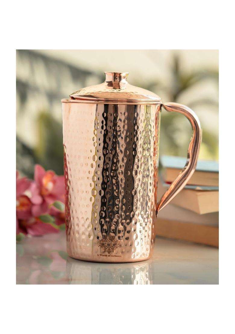 INDIAN ART VILLA Pure Copper Hammered Jug Pitcher with Lid | 1500 ml | 50.7 fl oz - Indya