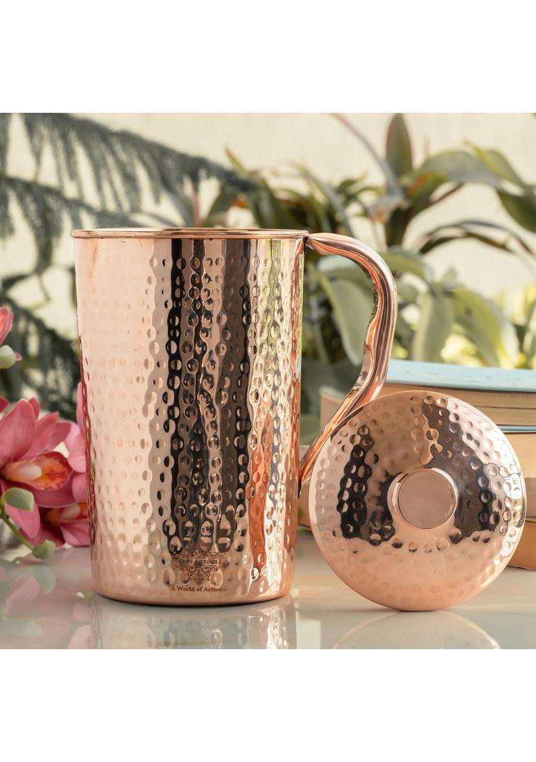 INDIAN ART VILLA Pure Copper Hammered Jug Pitcher with Lid | 1500 ml | 50.7 fl oz - Indya