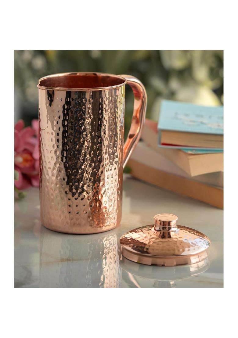 INDIAN ART VILLA Pure Copper Hammered Jug Pitcher with Lid | 1500 ml | 50.7 fl oz - Indya