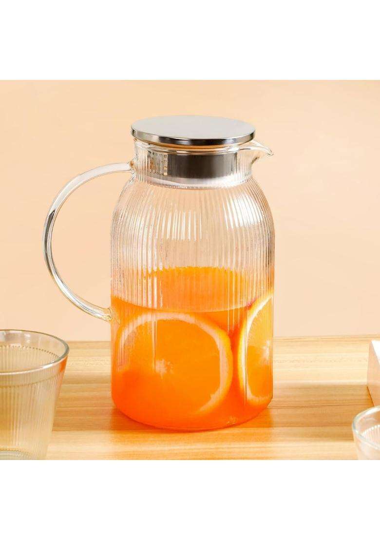 Nestasia Ribbed Glass Carafe with Tumblers | 255 ml | 8.6 fl oz | 6-Piece Set - Indya