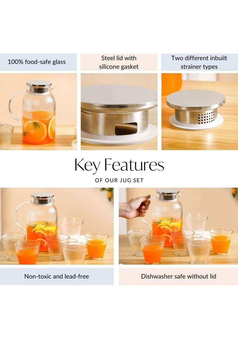 Nestasia Ribbed Glass Carafe with Tumblers | 255 ml | 8.6 fl oz | 6-Piece Set - Indya