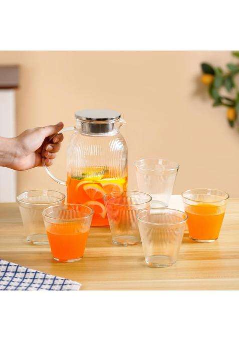 Nestasia Ribbed Glass Carafe with Tumblers | 255 ml | 8.6 fl oz | 6-Piece Set
