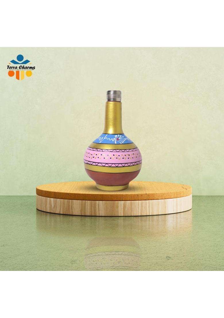 Terra Charms Hand Painted Clay Surahi with Steel Cap | 1 L | 1.1 Qt - Indya