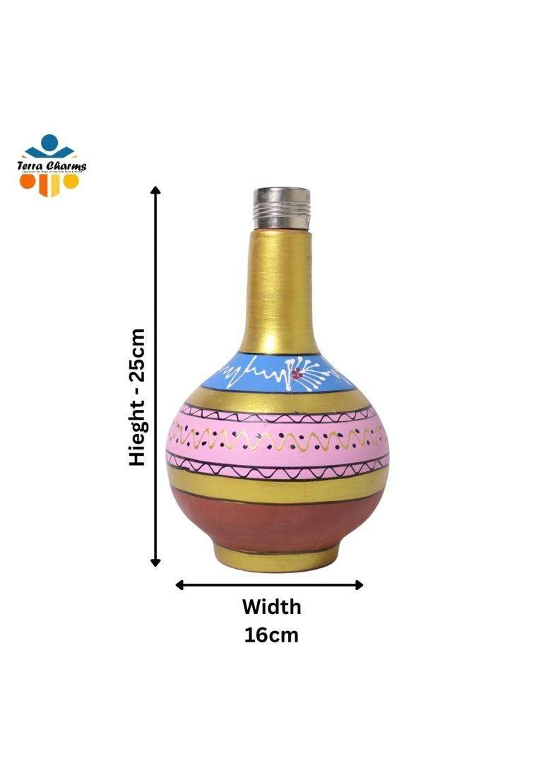 Terra Charms Hand Painted Clay Surahi with Steel Cap | 1 L | 1.1 Qt - Indya
