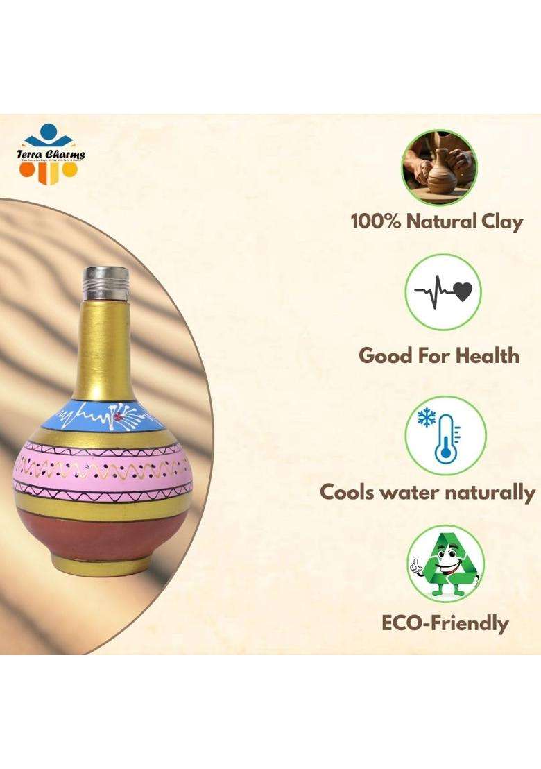 Terra Charms Hand Painted Clay Surahi with Steel Cap | 1 L | 1.1 Qt - Indya