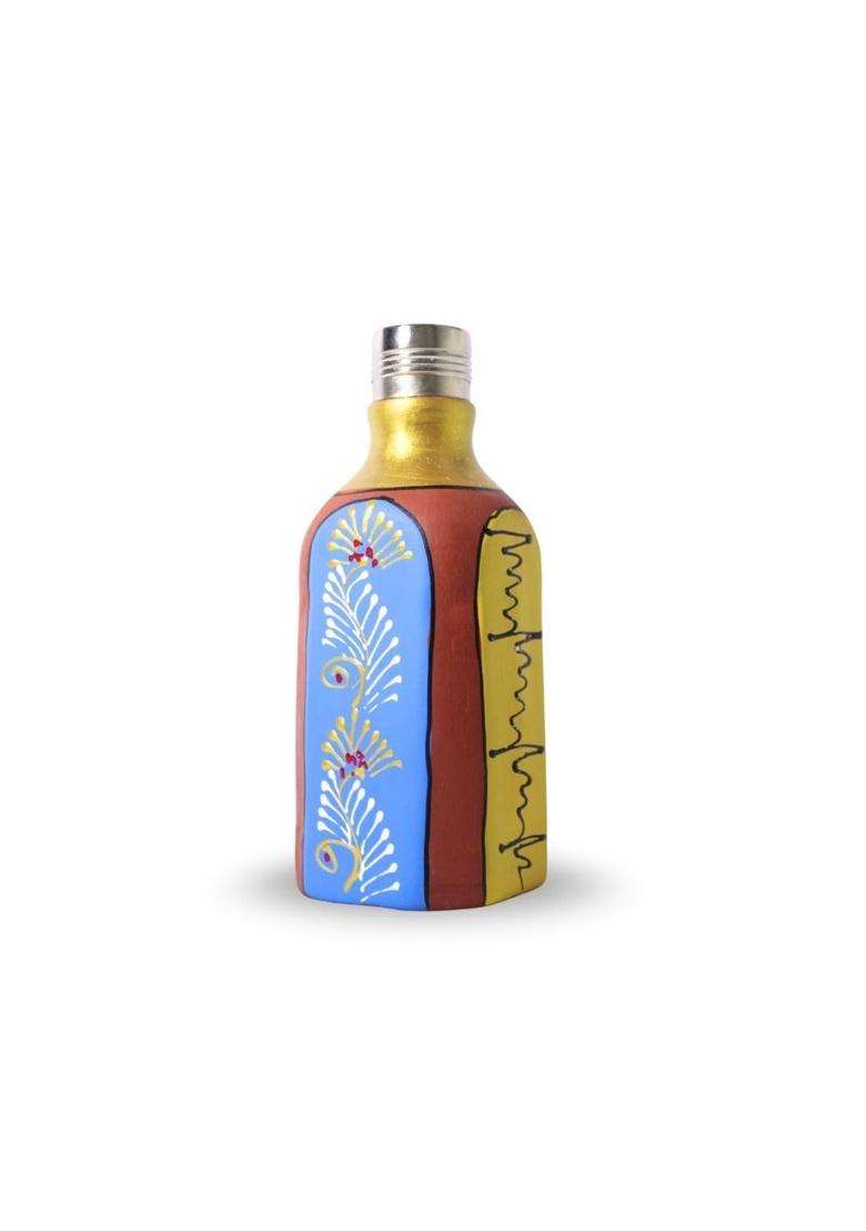 Terra Charms Hand Painted Rectangular Clay Surahi with Steel Cap | 500 ml | 16.9 fl oz - Indya