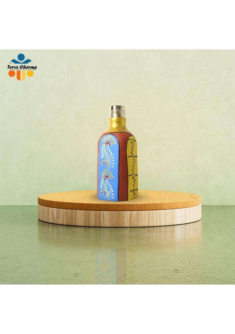 Terra Charms Hand Painted Rectangular Clay Surahi with Steel Cap | 500 ml | 16.9 fl oz - Indya