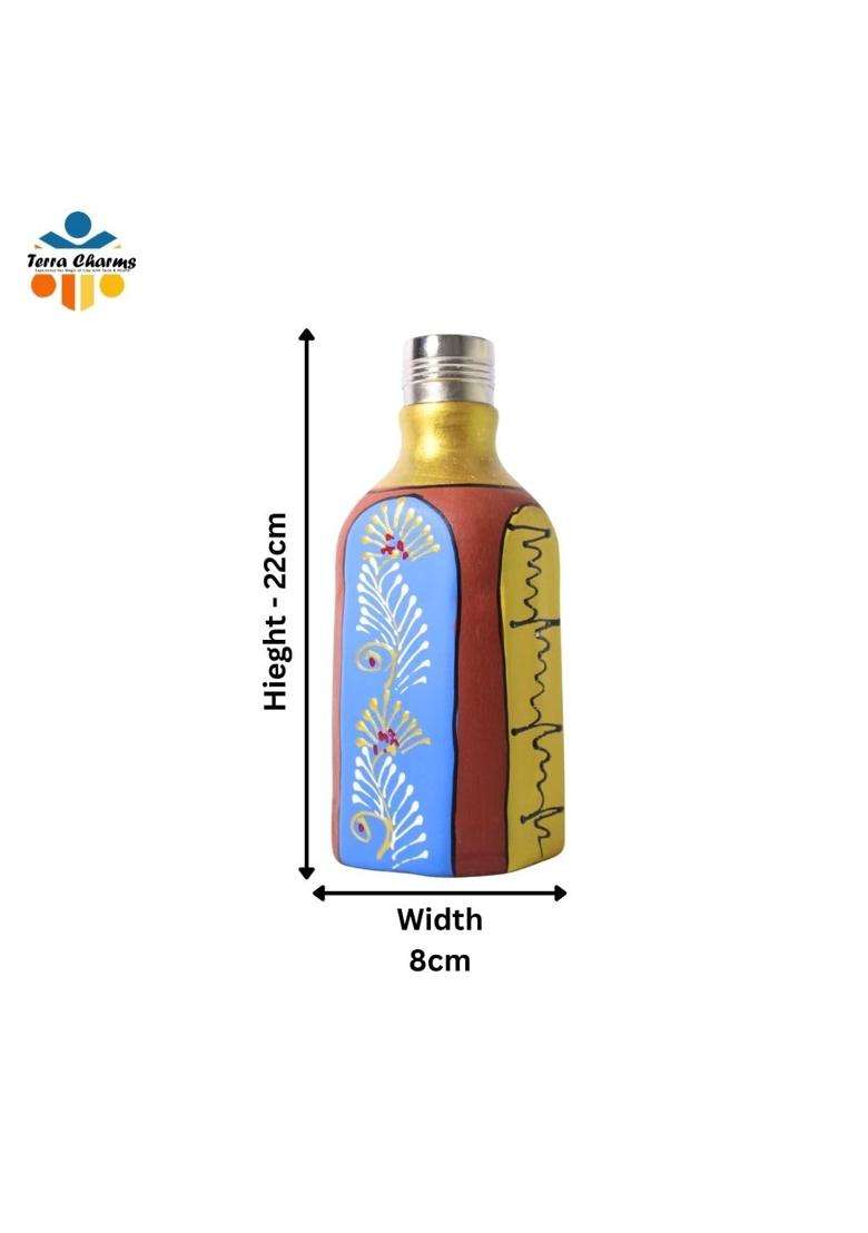 Terra Charms Hand Painted Rectangular Clay Surahi with Steel Cap | 500 ml | 16.9 fl oz - Indya