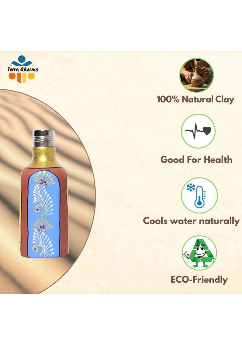 Terra Charms Hand Painted Rectangular Clay Surahi with Steel Cap | 500 ml | 16.9 fl oz - Indya